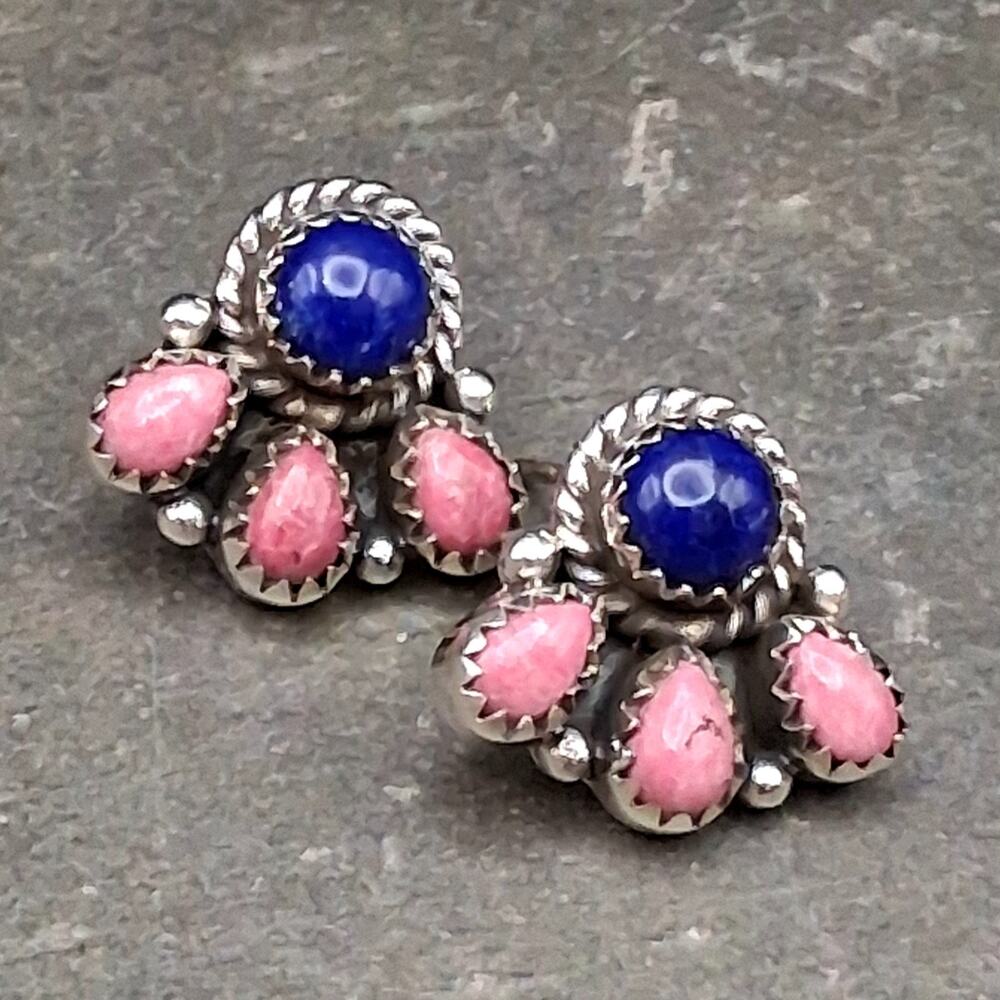 Lapis Lazuli & Thulite Cluster Stud Earrings Sterling Silver Southwestern Style
